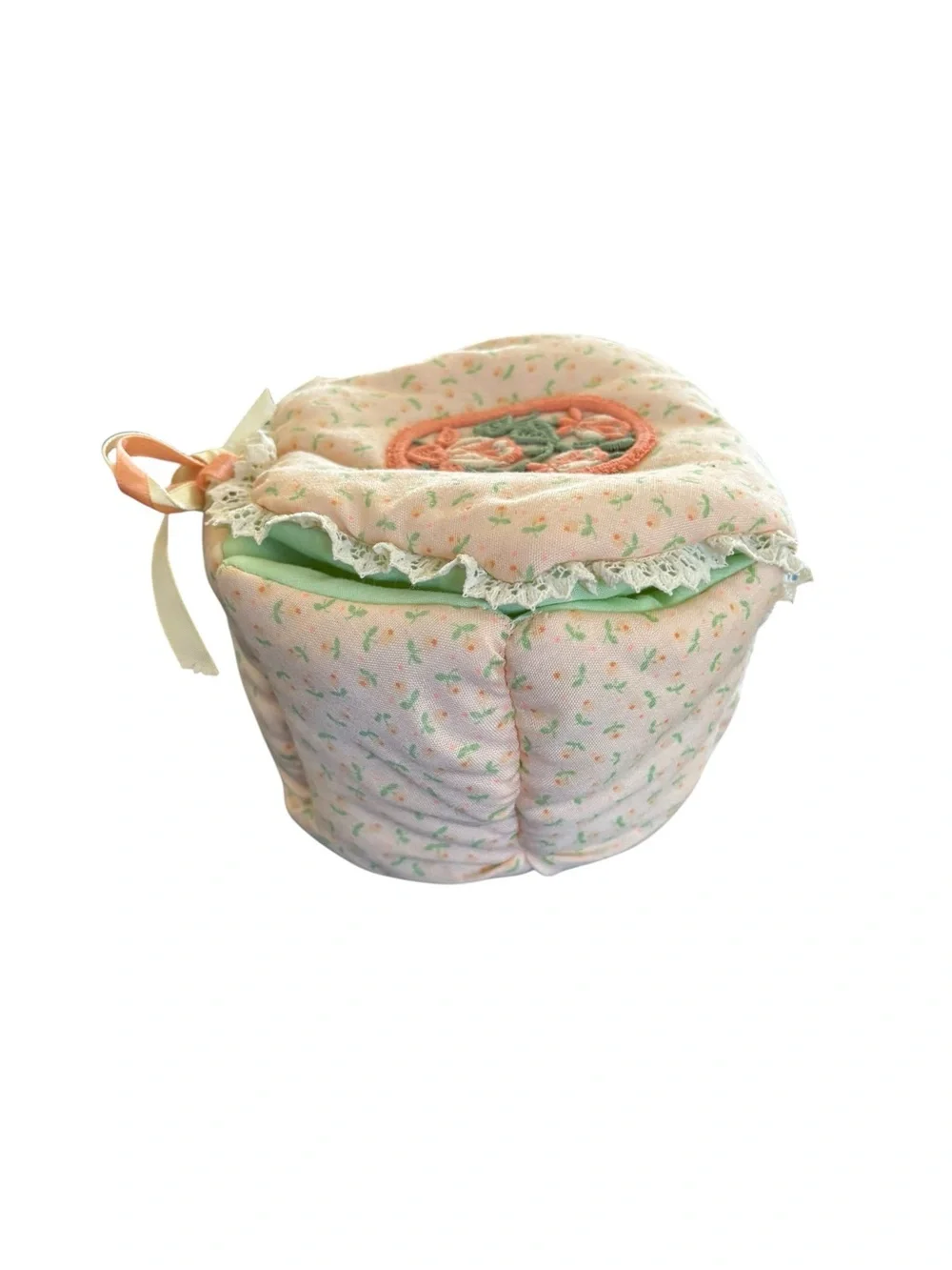 Handmade Round Cushioned Sewing Pincushion Box Ditsy Floral Tied Close Peach